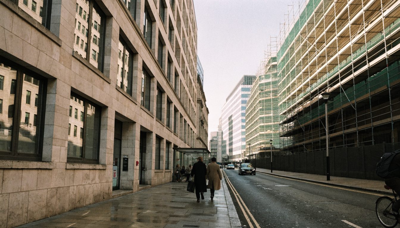 A City of London side street on a wet morning, office frontages on one side and scaffolding on the other