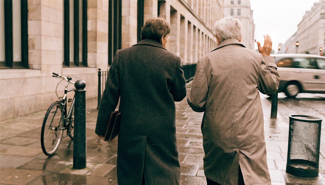 Two senior colleagues in overcoats walking and talking together along a London pavement