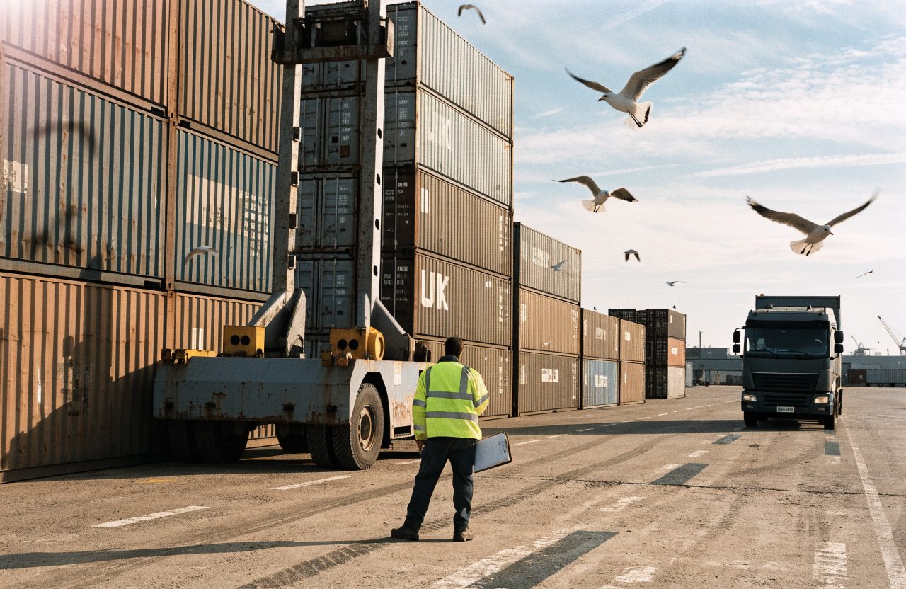 Stacked shipping containers and a straddle carrier at a UK container port in the morning