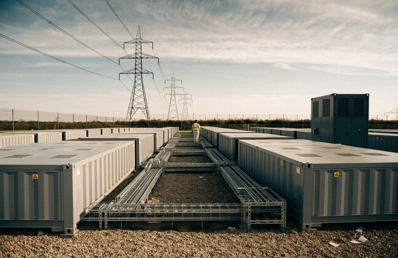 Rows of containerised grid-scale battery units on gravel with cable trays and pylons behind