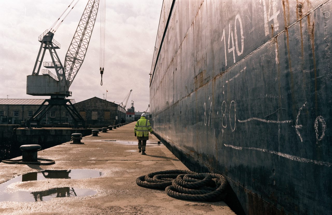 A shipyard quayside with gantry crane and painted steel hull plate on an overcast morning