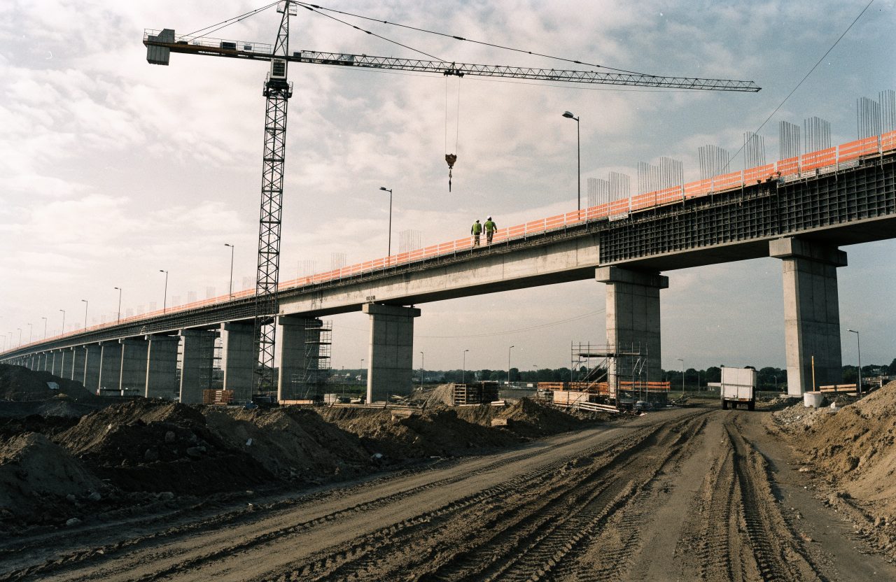 A concrete viaduct deck under construction with rebar cages, a tower crane and orange site barriers